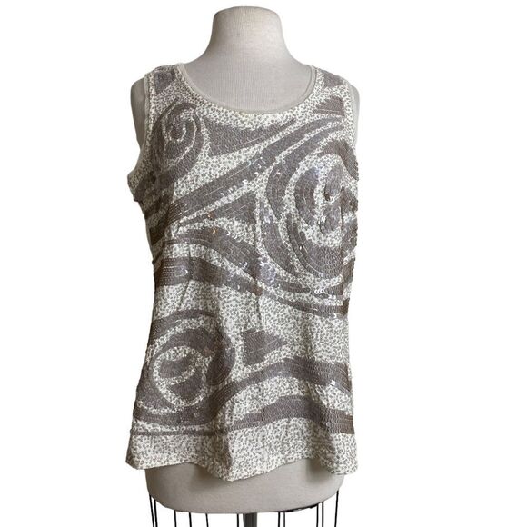 Coldwater Creek L 14 sequined tank top cream and beige sleeveless - Picture 2 of 5
